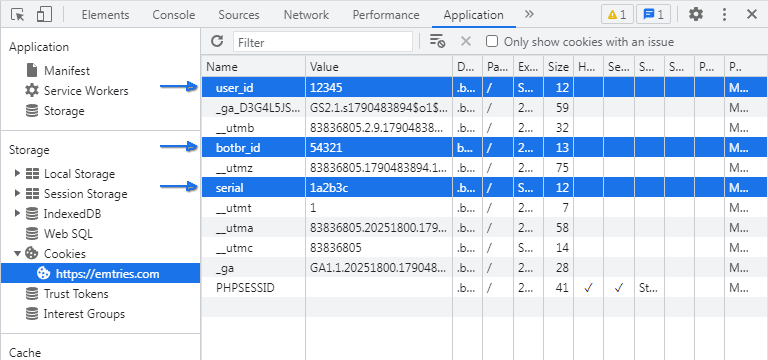 The cookies table has many columns. The first two are Name and Value. There should be three rows containing your information: user_id, serial and botbr_id.